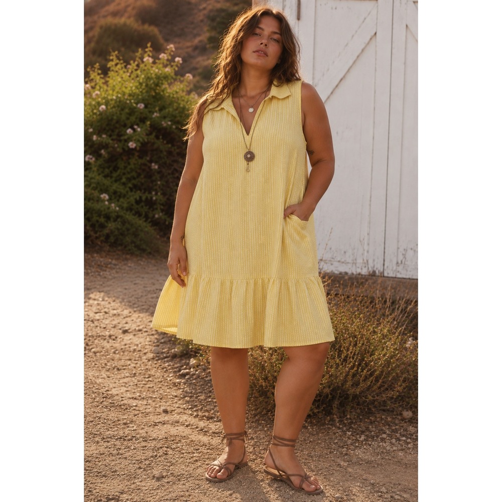 JM Studio John Meyer Yellow White Striped Seersucker Ruffle Hem Dress 1X Plus